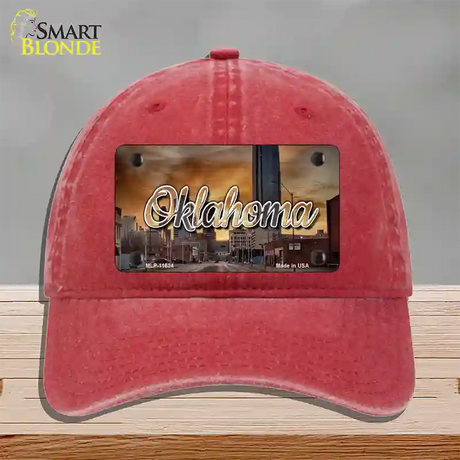 Oklahoma Sunset Skyline State Novelty License Plate Hat Unconstructed Cotton / Red