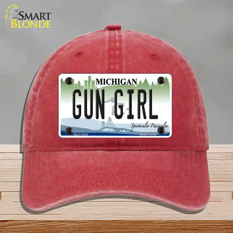 Gun Girl Michigan Novelty License Plate Hat Unconstructed Cotton / Red