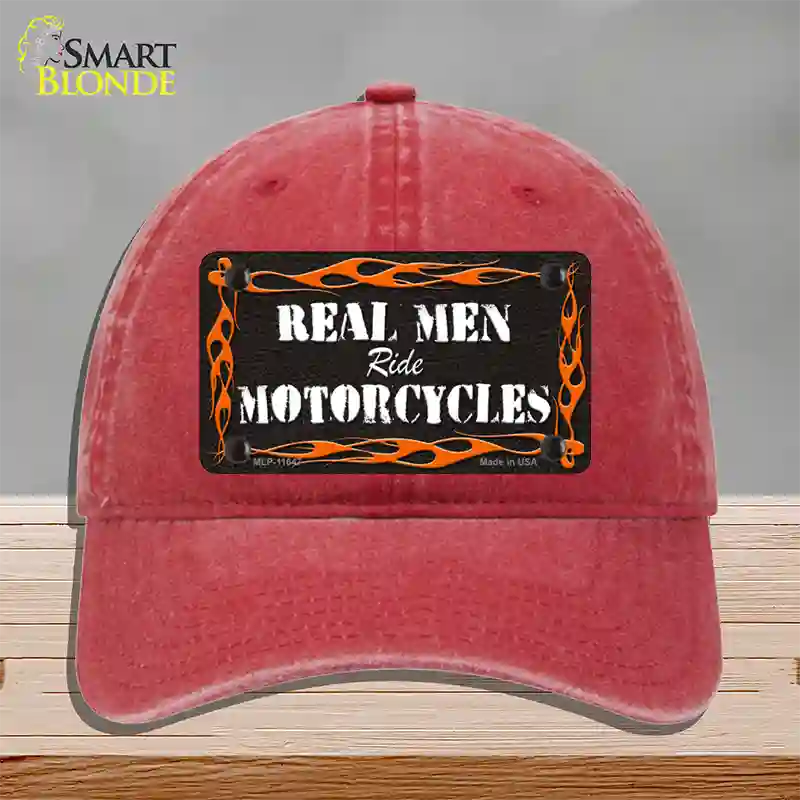 Real Men Ride Motorcycles Novelty License Plate Hat Unconstructed Cotton / Red