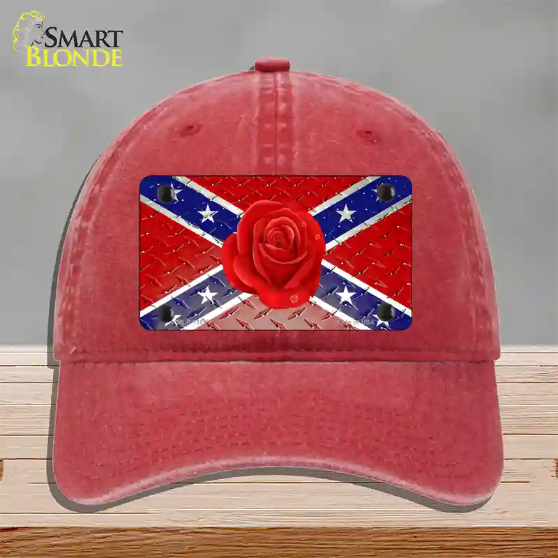 Confederate Flag With Red Rose Novelty License Plate Hat Unconstructed Cotton / Red