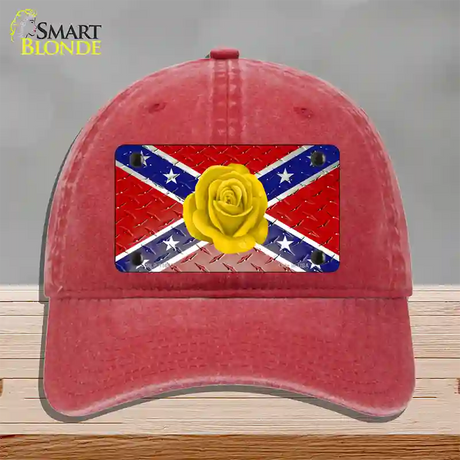 Confederate Flag With Yellow Rose Novelty License Plate Hat Unconstructed Cotton / Red