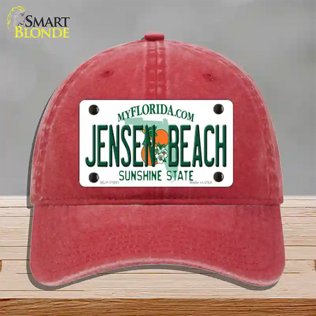 Jensen Beach Florida Novelty License Plate Hat Unconstructed Cotton / Red