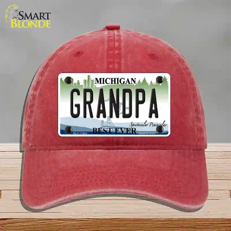 Grandpa Michigan Novelty License Plate Hat Unconstructed Cotton / Red