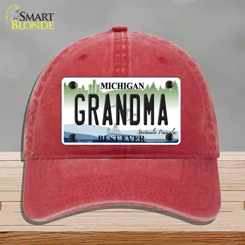 Grandma Michigan Novelty License Plate Hat Unconstructed Cotton / Red