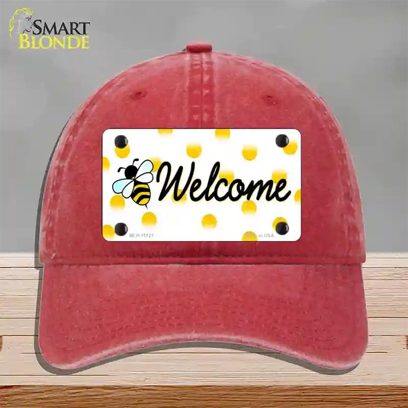 Welcome Bee Novelty License Plate Hat Unconstructed Cotton / Red