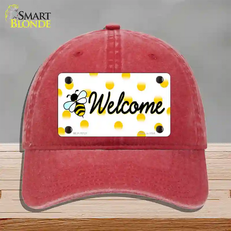 Welcome Bee Novelty License Plate Hat Unconstructed Cotton / Red