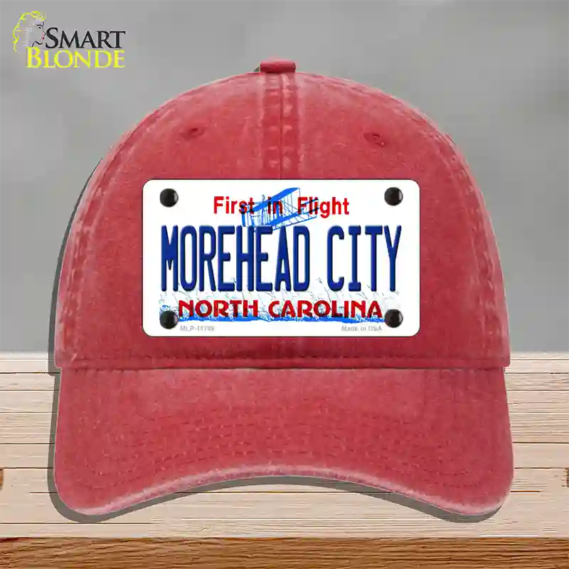 Morehead City North Carolina State Novelty License Plate Hat Unconstructed Cotton / Red