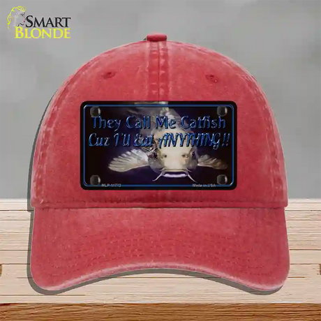 They Call Me Catfish Novelty License Plate Hat Unconstructed Cotton / Red