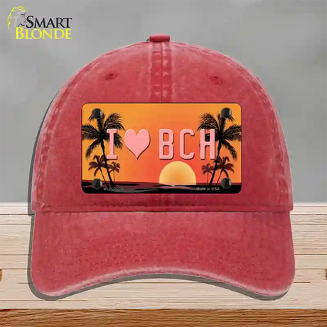 I Love Beach Novelty License Plate Hat Unconstructed Cotton / Red