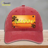 Be Happy Beach Scene Novelty License Plate Hat Unconstructed Cotton / Red