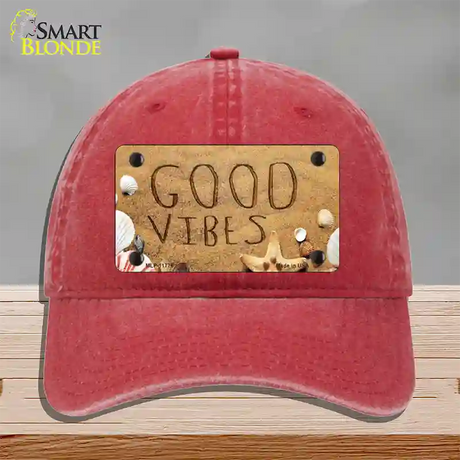 Good Vibes in the Sand Novelty License Plate Hat Unconstructed Cotton / Red