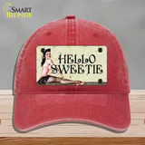 Hello Sweetie Vintage Pinup Novelty License Plate Hat Unconstructed Cotton / Red