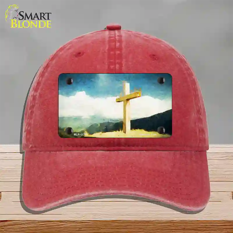 Lone Cross in the Sky Novelty License Plate Hat Unconstructed Cotton / Red