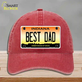 Best Dad Indiana Novelty License Plate Hat Unconstructed Cotton / Red