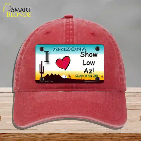 I Love Show Low AZ Novelty License Plate Hat Unconstructed Cotton / Red