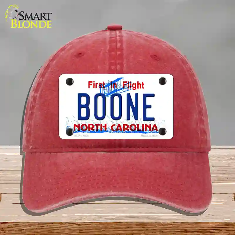 Boone North Carolina Novelty License Plate Hat Unconstructed Cotton / Red