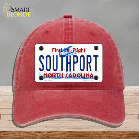 Southport North Carolina Novelty License Plate Hat Unconstructed Cotton / Red