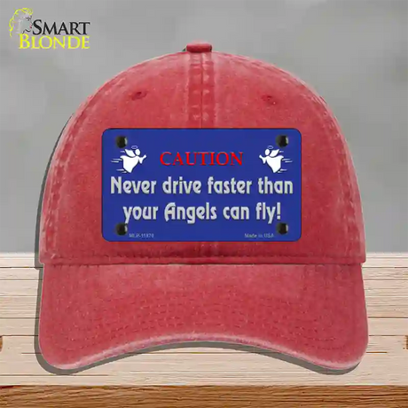 Never Drive Faster Than Angels Novelty License Plate Hat Unconstructed Cotton / Red