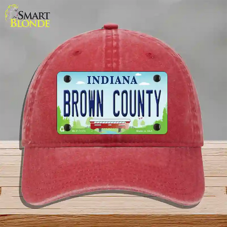 Brown County Indiana Novelty License Plate Hat Unconstructed Cotton / Red