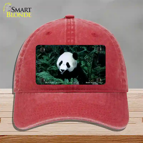 Panda Bear Novelty License Plate Hat Unconstructed Cotton / Red