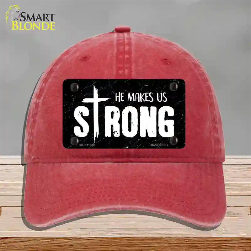 He Makes Us Strong Novelty License Plate Hat Unconstructed Cotton / Red