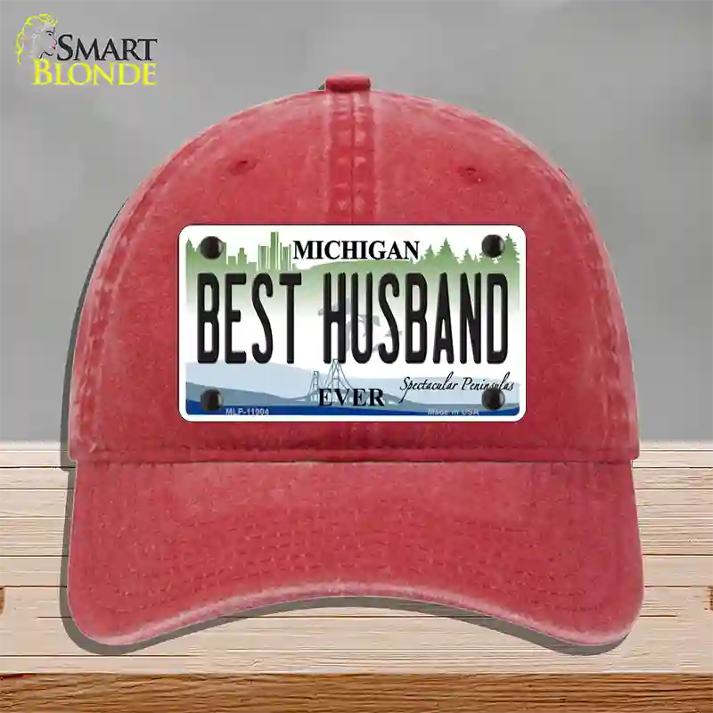 Michigan Best Husband Novelty License Plate Hat Unconstructed Cotton / Red