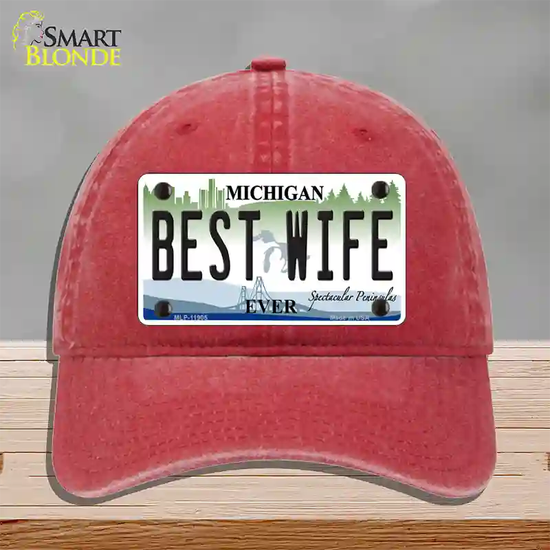 Michigan Best Wife Novelty License Plate Hat Unconstructed Cotton / Red