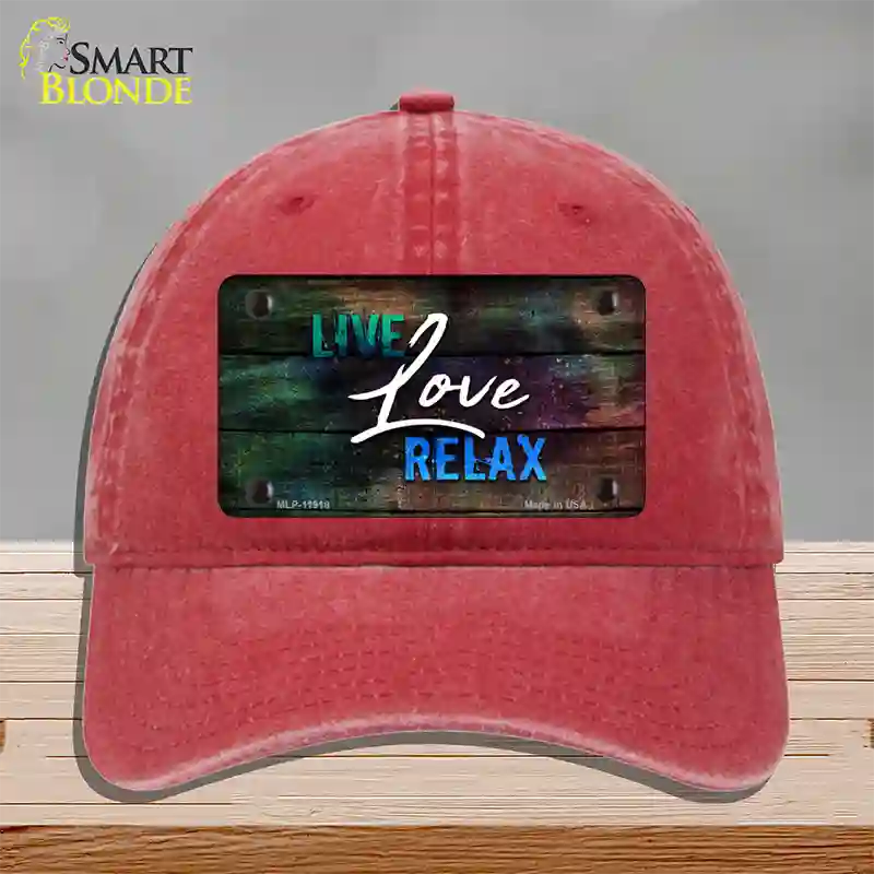 Live Love Relax Novelty License Plate Hat Unconstructed Cotton / Red