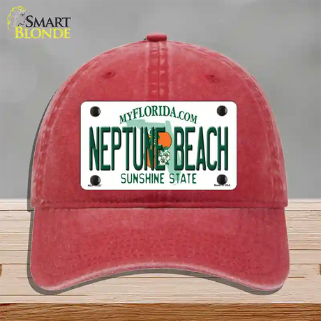 Florida Neptune Beach Novelty License Plate Hat Unconstructed Cotton / Red