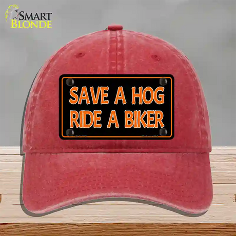 Save A Hog Ride A Biker Novelty License Plate Hat Unconstructed Cotton / Red