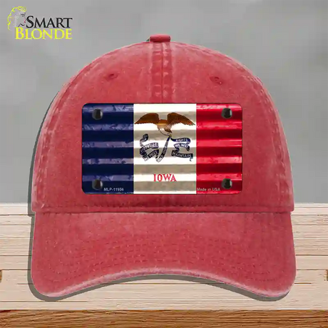 Iowa Corrugated Flag Novelty License Plate Hat Unconstructed Cotton / Red