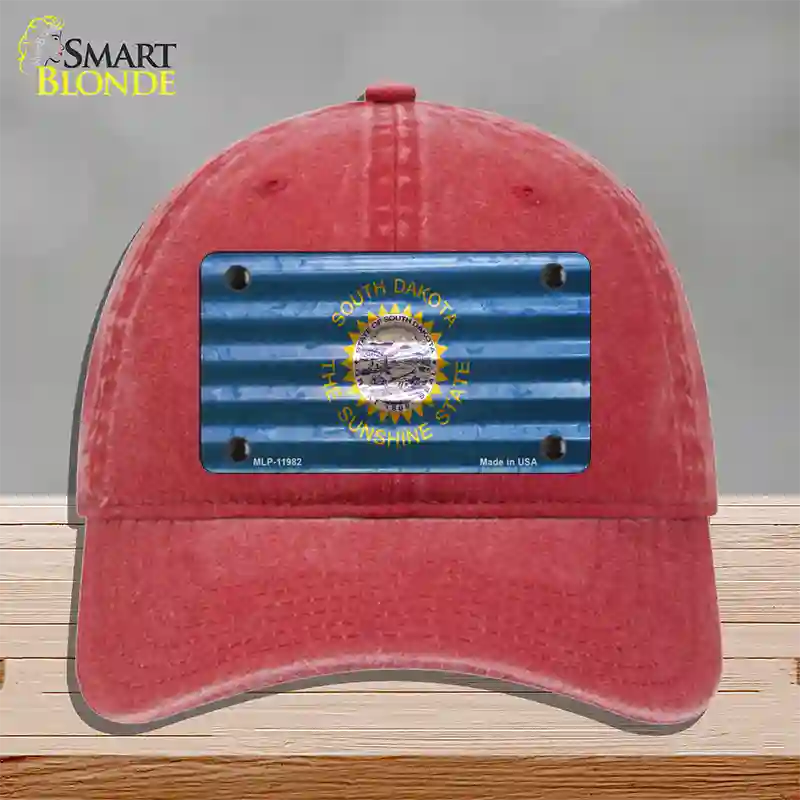 South Dakota Corrugated Flag Novelty License Plate Hat Unconstructed Cotton / Red