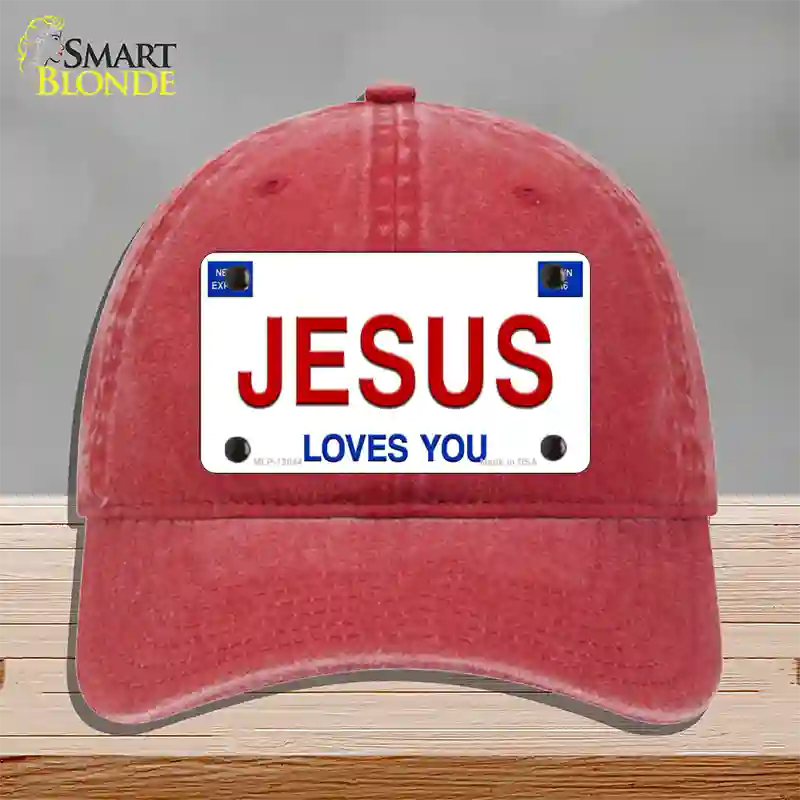 Jesus Loves You Novelty License Plate Hat Unconstructed Cotton / Red