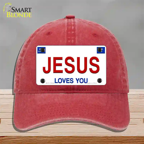 Jesus Loves You Novelty License Plate Hat Unconstructed Cotton / Red