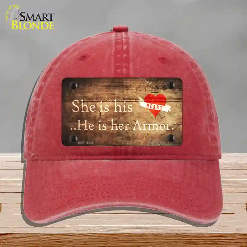 His Heart Her Armor Novelty License Plate Hat Unconstructed Cotton / Red