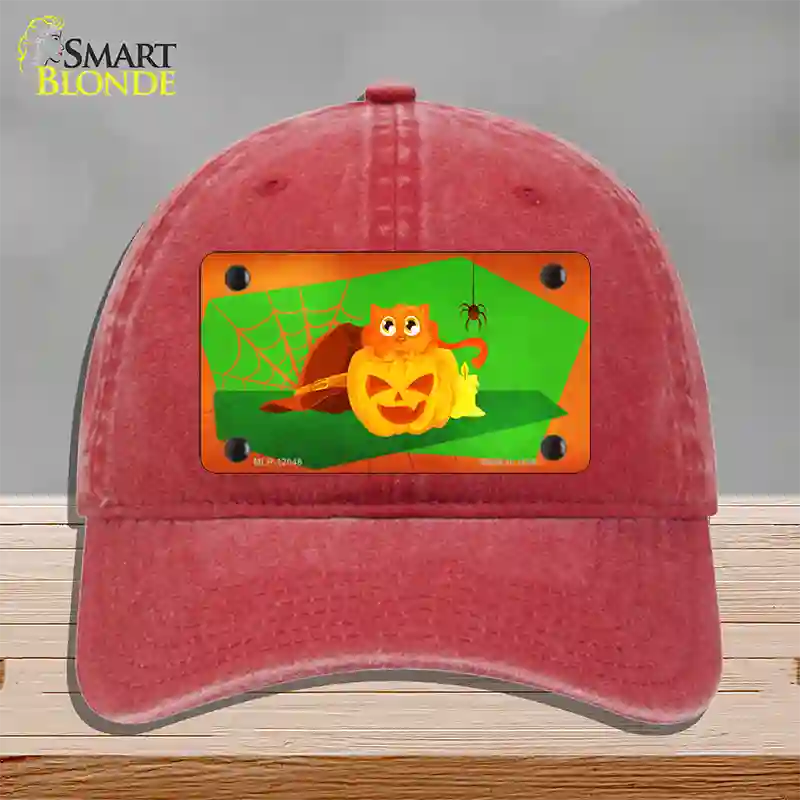 Pumpkin Kitty Novelty License Plate Hat Unconstructed Cotton / Red