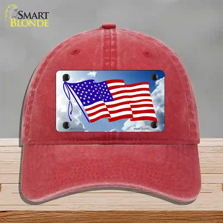 American Flag Cloud Novelty License Plate Hat Unconstructed Cotton / Red