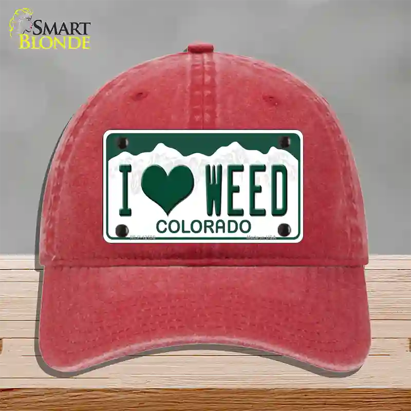 I Love Weed Colorado Novelty License Plate Hat Unconstructed Cotton / Red