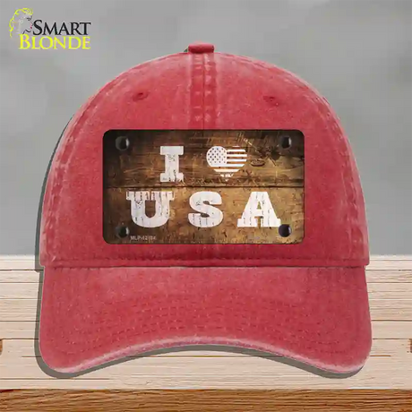 I Love USA Novelty License Plate Hat Unconstructed Cotton / Red