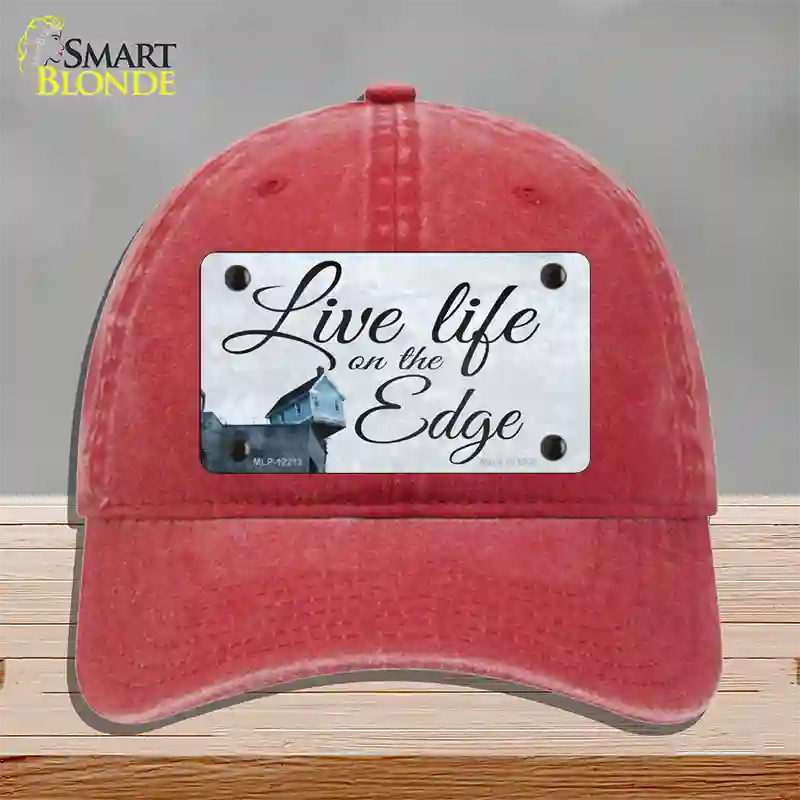 Live Life on the Edge Novelty License Plate Hat Unconstructed Cotton / Red