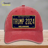 Trump 2024 Delaware Novelty License Plate Hat Unconstructed Cotton / Red