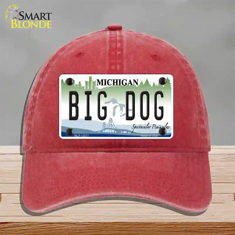 Michigan Big Dog Novelty License Plate Hat Unconstructed Cotton / Red