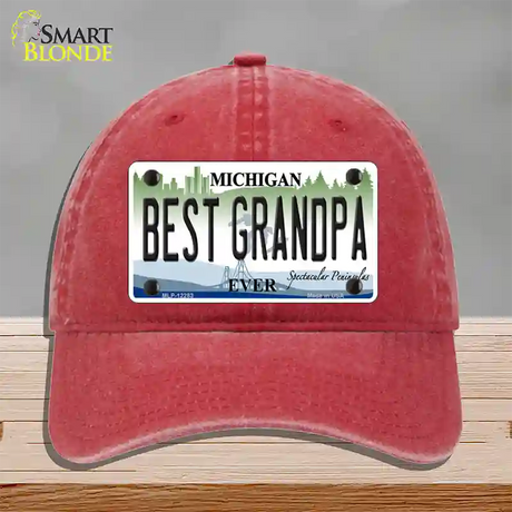 Michigan Best Grandpa Novelty License Plate Hat Unconstructed Cotton / Red