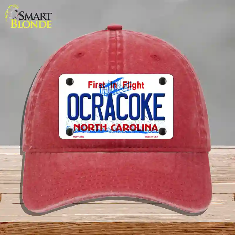 Ocracoke North Carolina Novelty License Plate Hat Unconstructed Cotton / Red