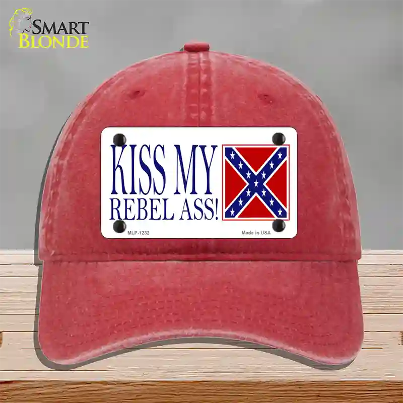 Kiss My Rebel Ass Novelty License Plate Hat Unconstructed Cotton / Red