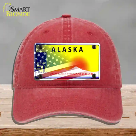 Alaska State Blank Novelty License Plate Hat Unconstructed Cotton / Red / Alaska Statehood (2216):https | Half American Flag | Yes