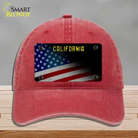 California with American Flag Novelty License Plate Hat Unconstructed Cotton / Red