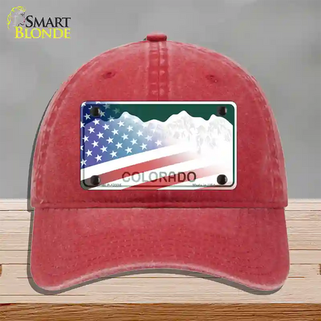 Colorado with American Flag Novelty License Plate Hat Unconstructed Cotton / Red