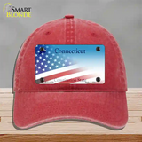 Connecticut with American Flag Novelty License Plate Hat Unconstructed Cotton / Red