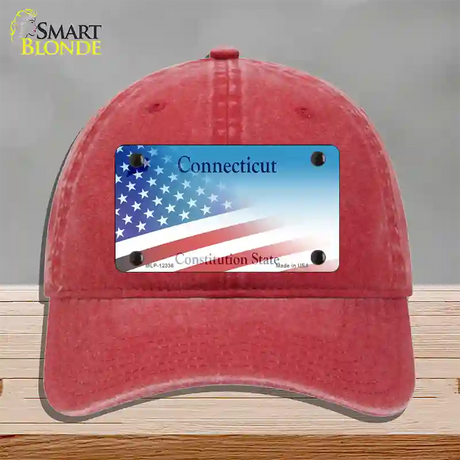 Connecticut with American Flag Novelty License Plate Hat Unconstructed Cotton / Red